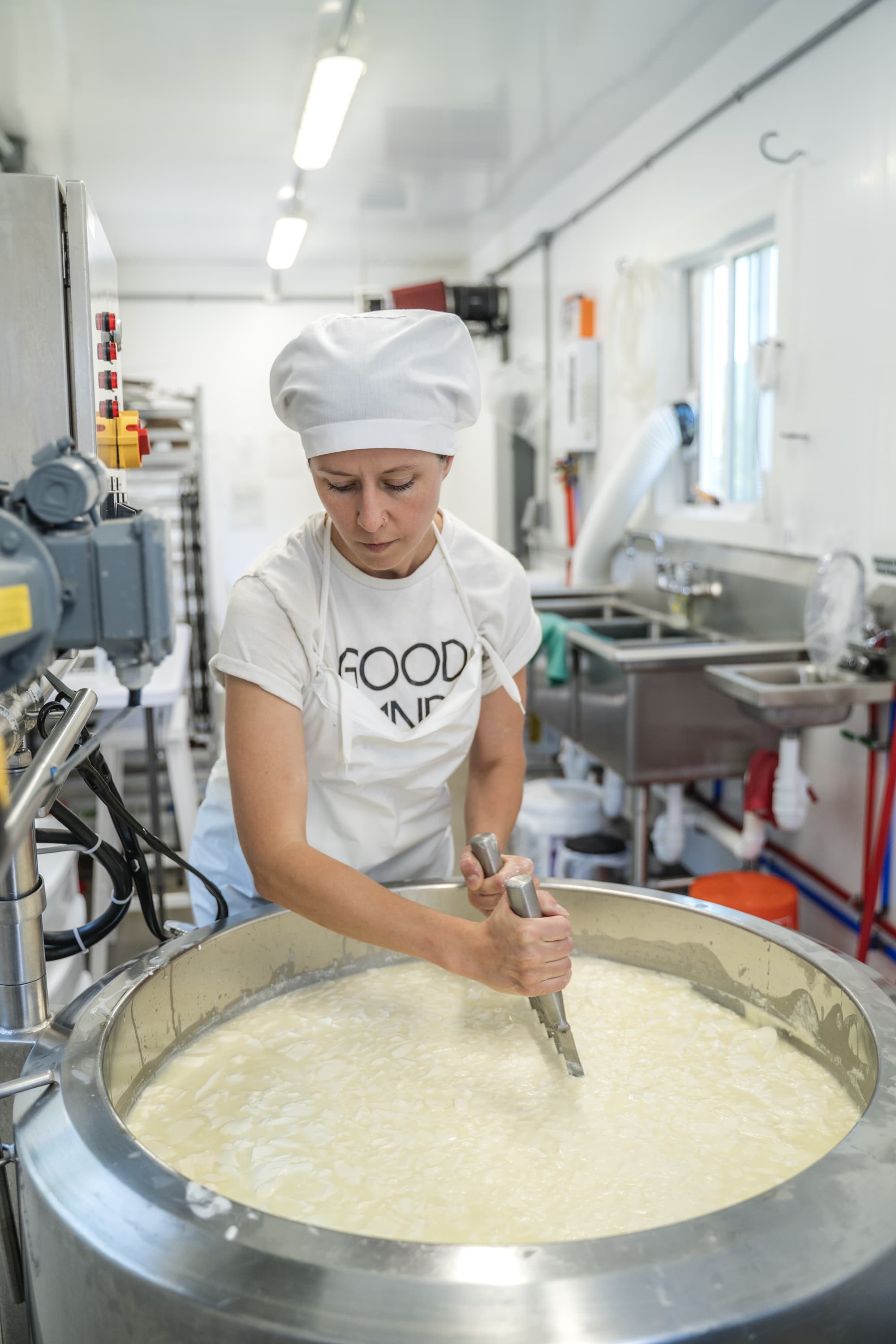 Liz cutting the curd in the creamery