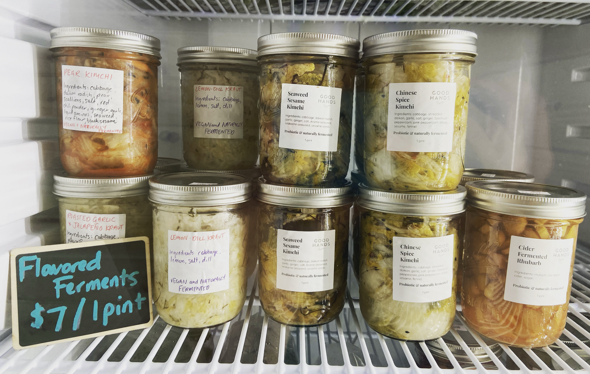 Various ferments in the farm stand fridge